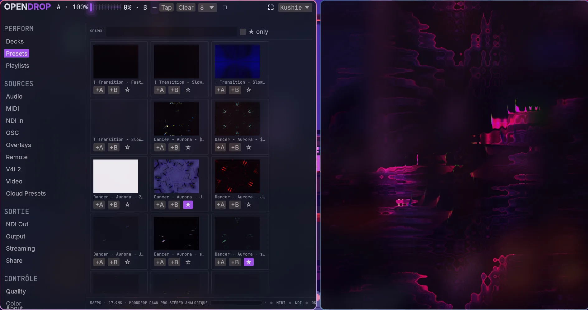 OpenDrop VJ main window: control panel and live output side by side